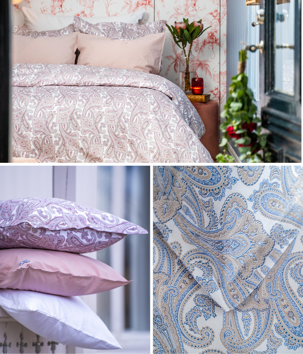 Milazzo sengetøy fra Borås Cotton i rosa og blå paisleymønster