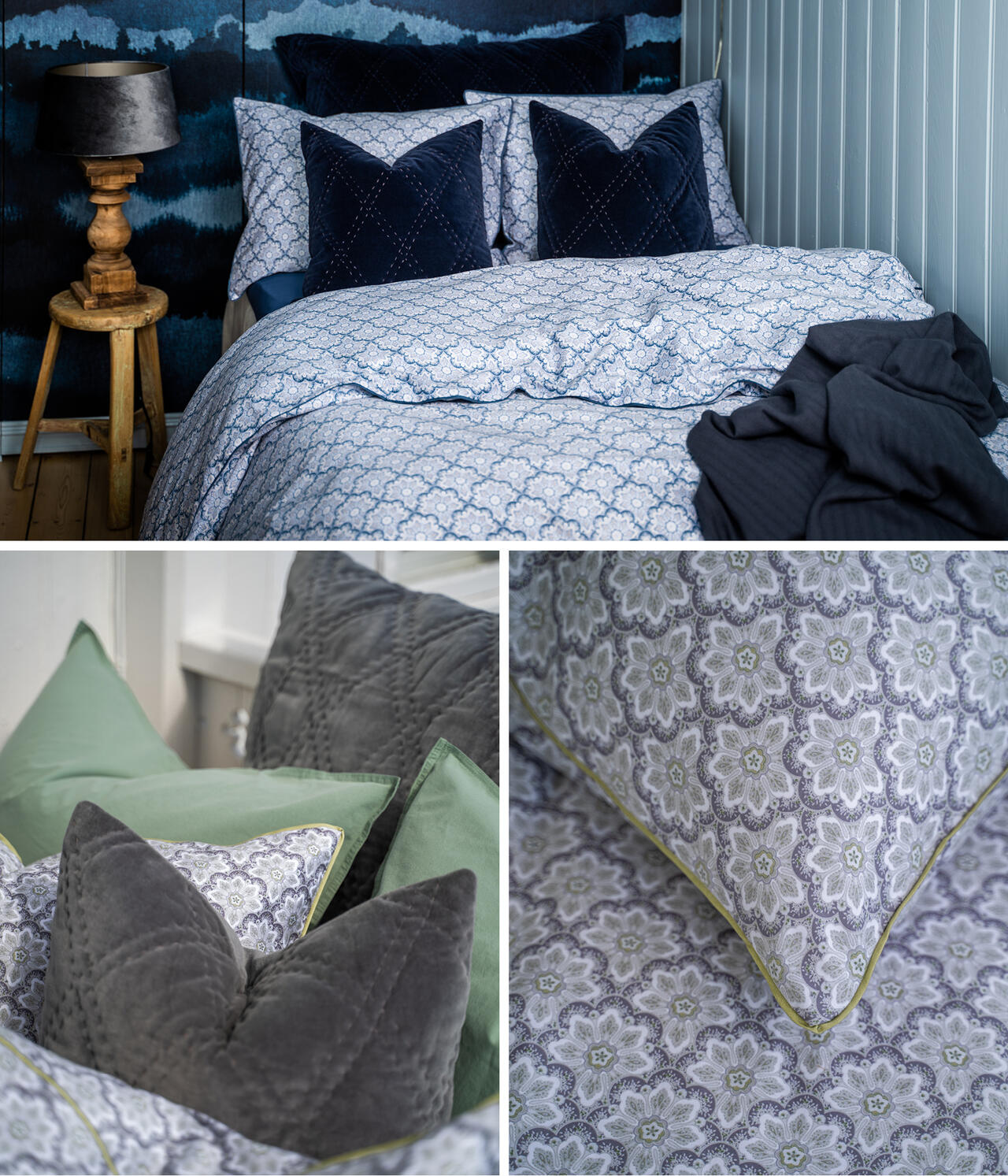 Sorrento sateng sengesett fra Borås Cotton i blått og grønn