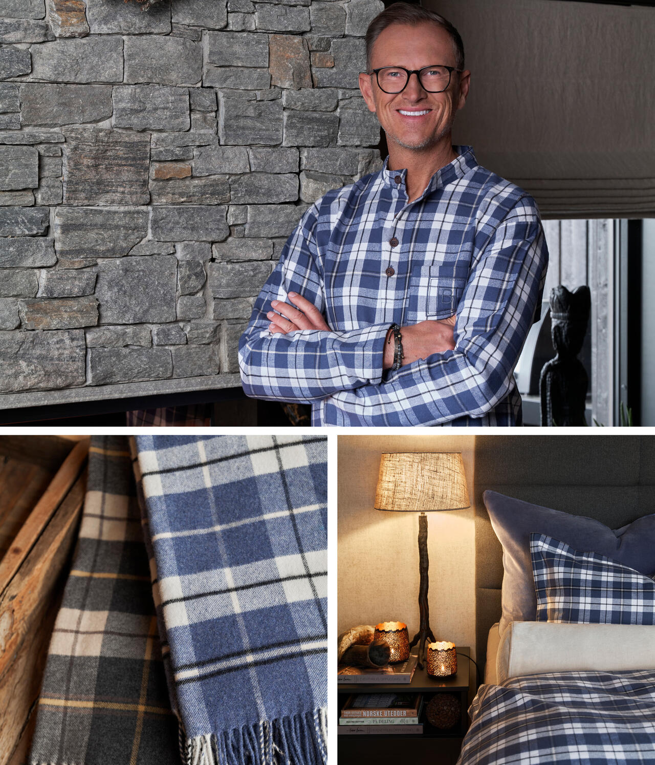 Saint-Maurice sengetøy, nattskjorte og pledd fra Halvor Bakke i fine ruter. Høstens nyhet fra Bedtime Story