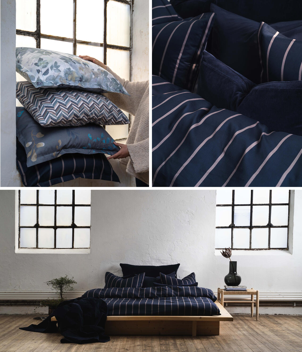 Tøft og moderne sengesett fra Turiform i en mørk blåfarge og striper i beige.