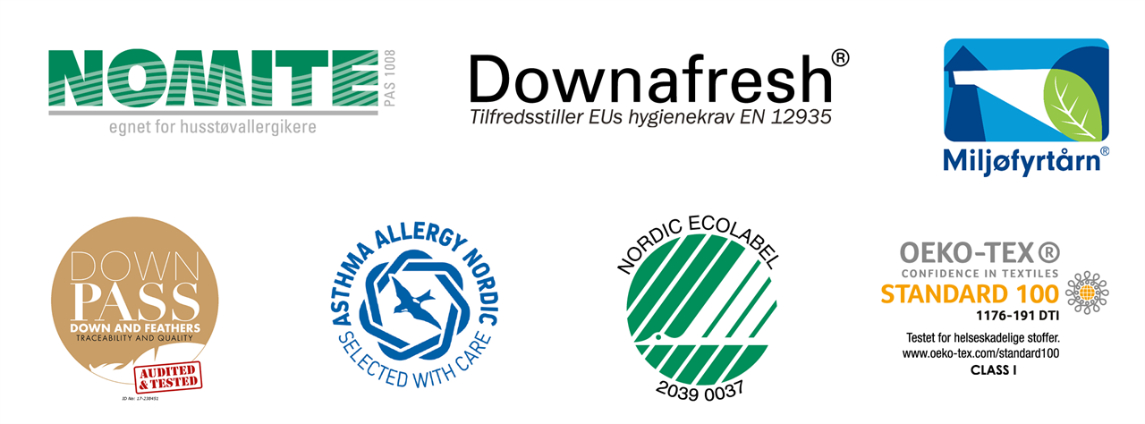 viser logo til alle sertifiseringer hos norsk dun og norvigroup: nomite, downafresh, oeko-tex, nordic ecolabel, downpass, asthma allergy nordic, miljøfyrtårn 