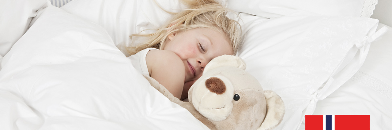 barn som sover i seng med bamsen sin med dundyner og dunputer fra norsk dun. Bilde