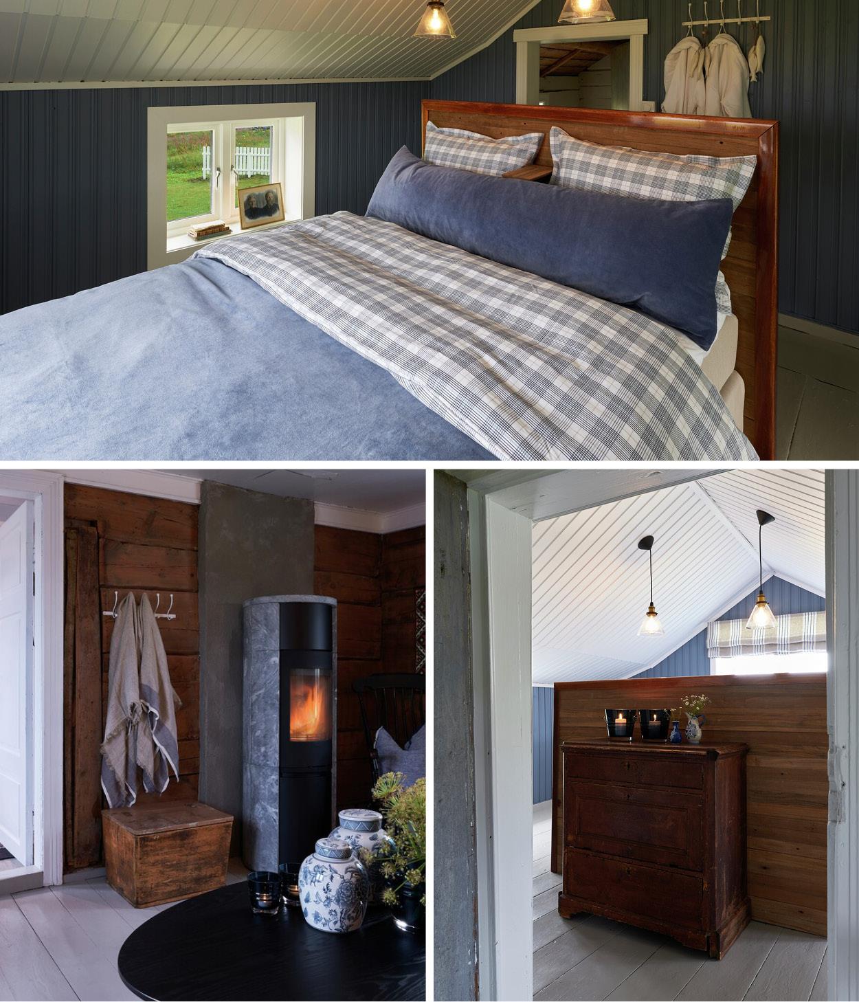 Interiørbilder av sengetøy, putevar, sengeteppe og pledd fra hytte. 