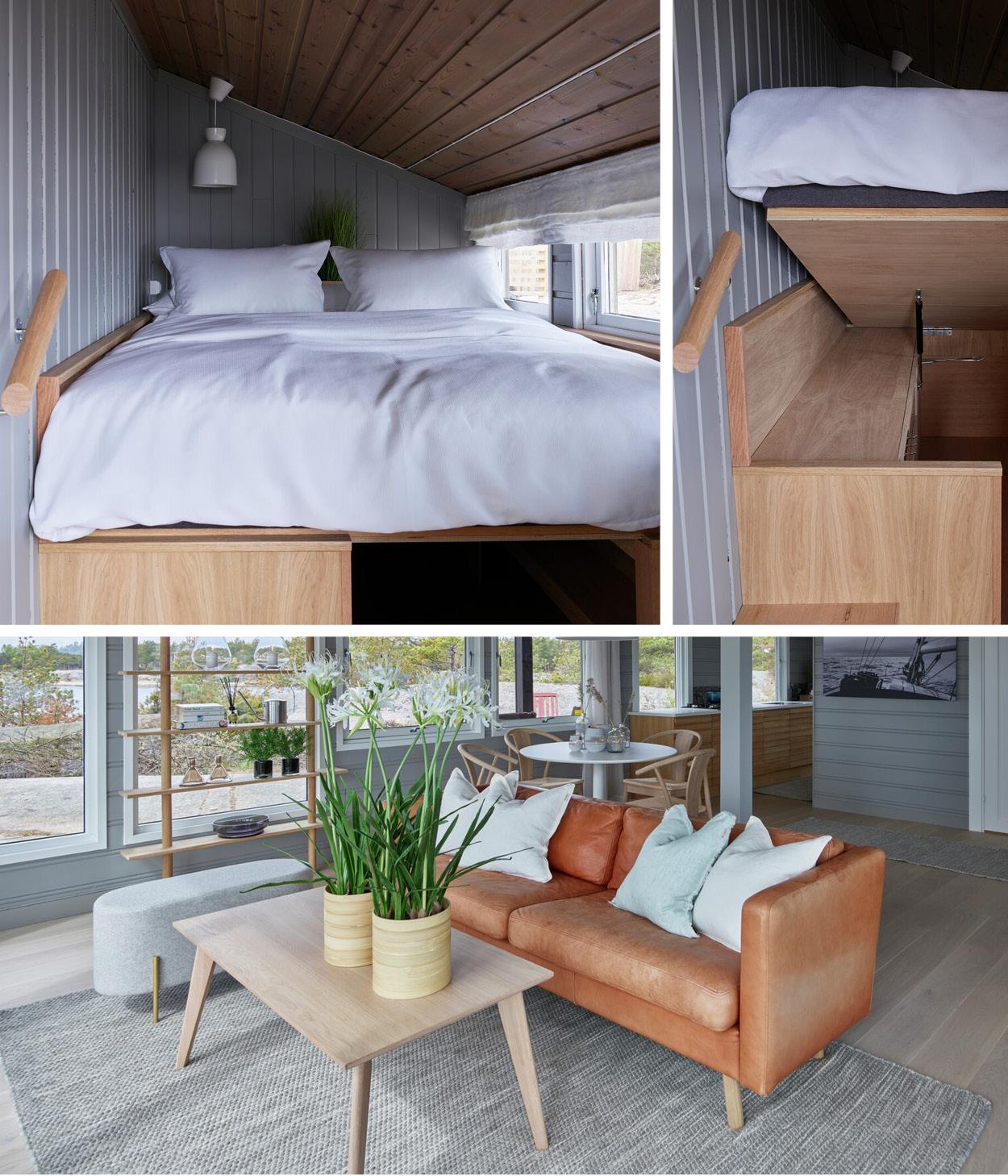 Detaljbilder av seng med hvit sengetøy fra Halvor Bakke. Bilde