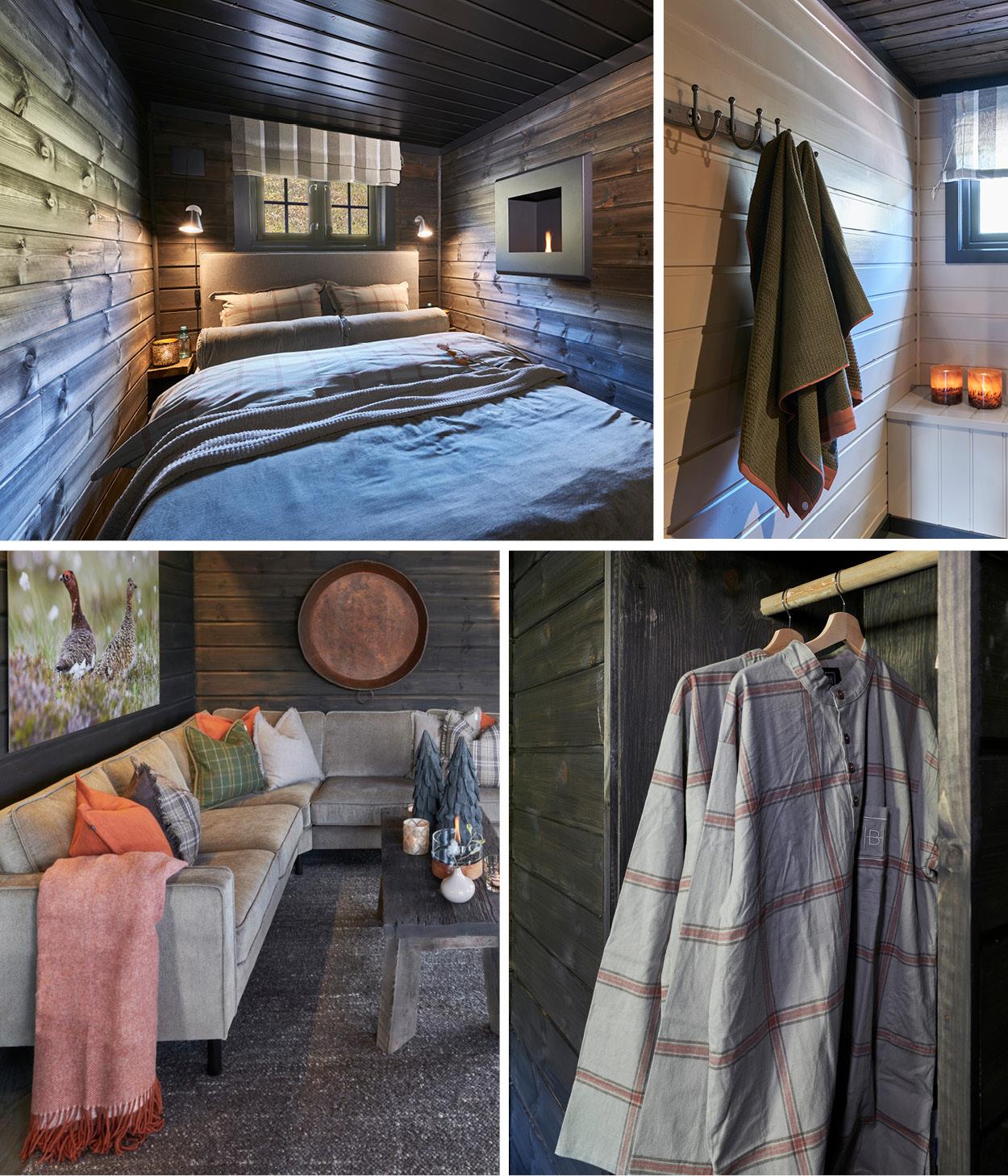 Interiørbilder av sengetøy, håndklær, pledd og nattskjorte på hytta. Bilde