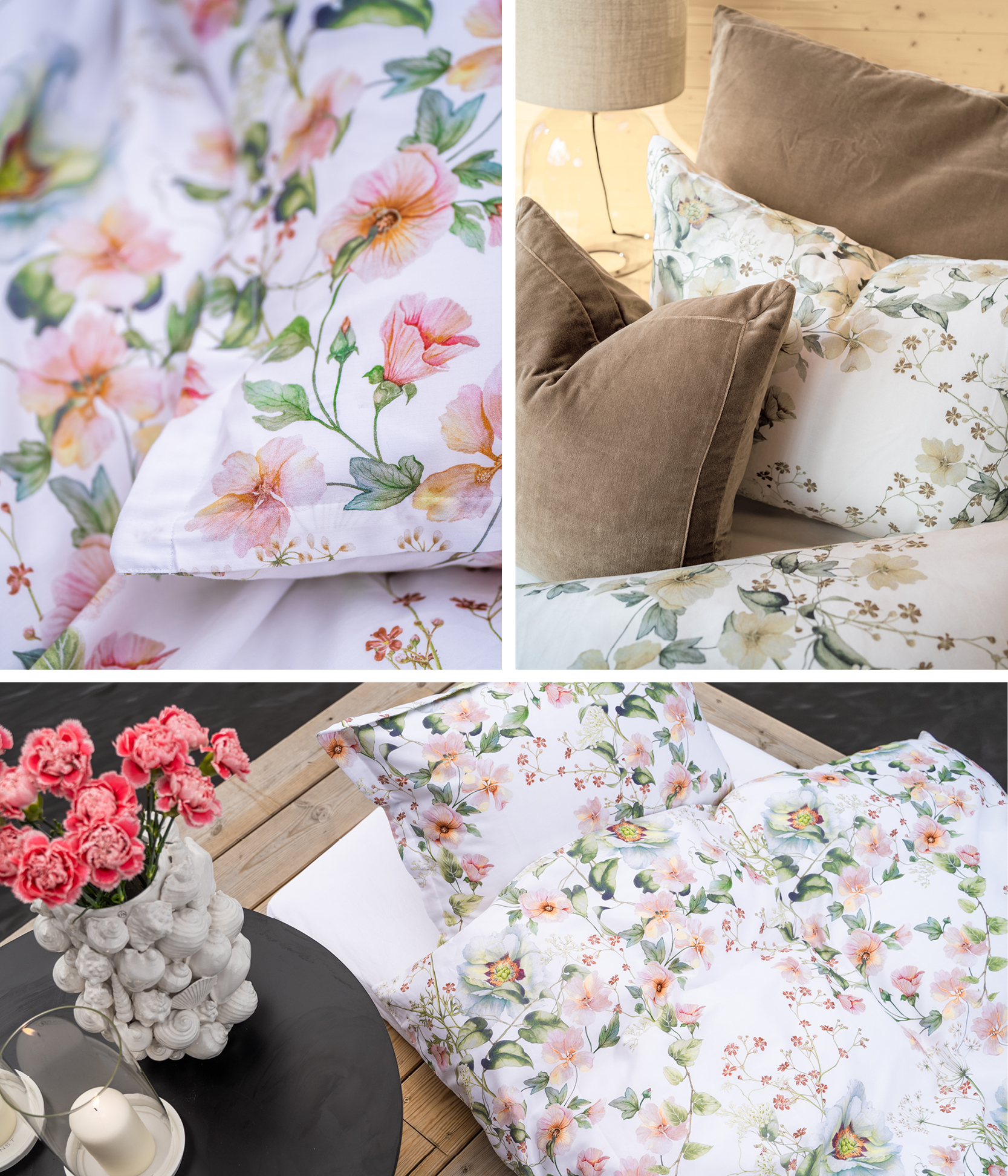 Blomstrete sengetøy fra Turiform Lilly. Fås i beige og rød