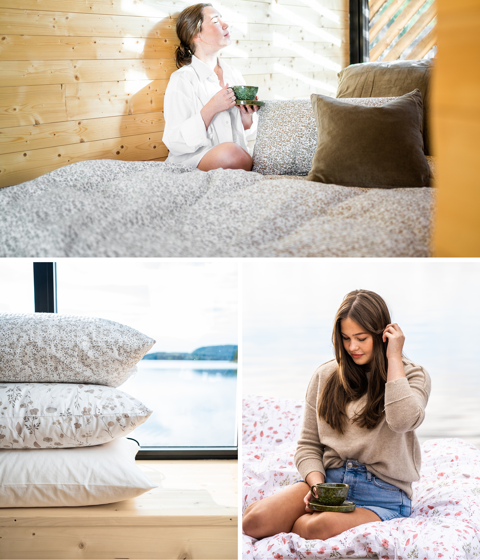 Småblomstrete mønster på sengetøy fra Turiform - Maj. Fås i beige og grønn